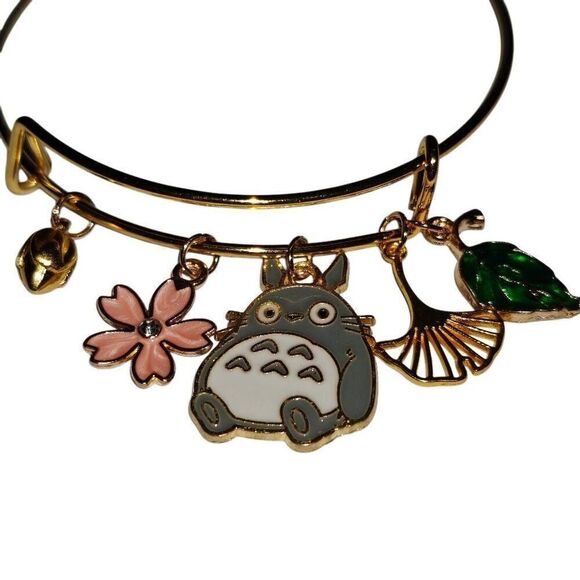 Gold Anime Ghibli Totoro Adjustable Bangle Charm Bracelet - Picture 2 of 3